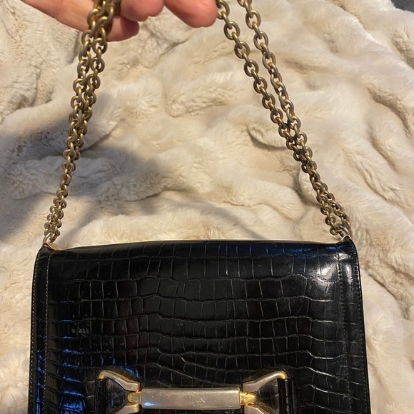 Vintage Bienen Davis Black Embossed Leather Handbag Chain Strap - Picture 5 of 11